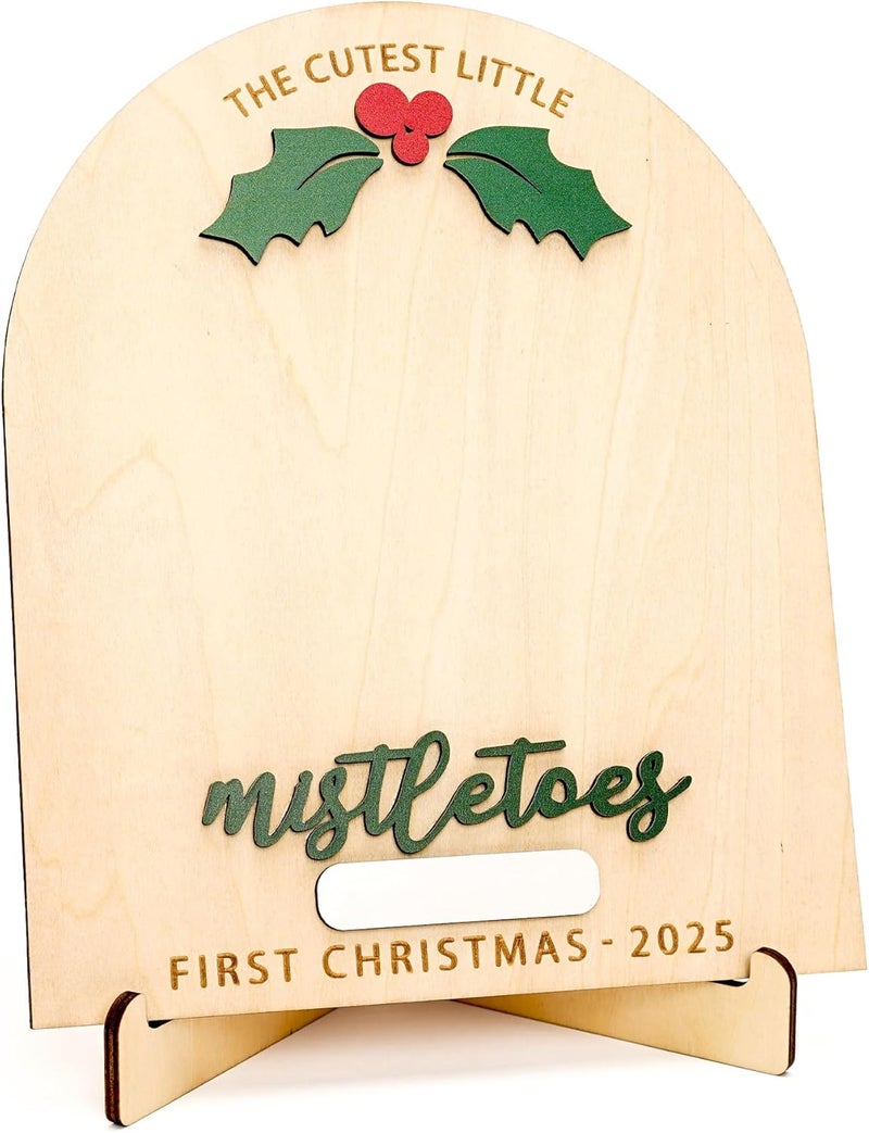 NELXI Personalized Baby’s First Christmas 2025 Wooden Mistletoes Footprint Art, DIY Baby Craft Keepsake, Rustic Christmas Milestone Card, Grandparents Gifts, Baby Shower or Newborn Photoshoot Prop - Image 2